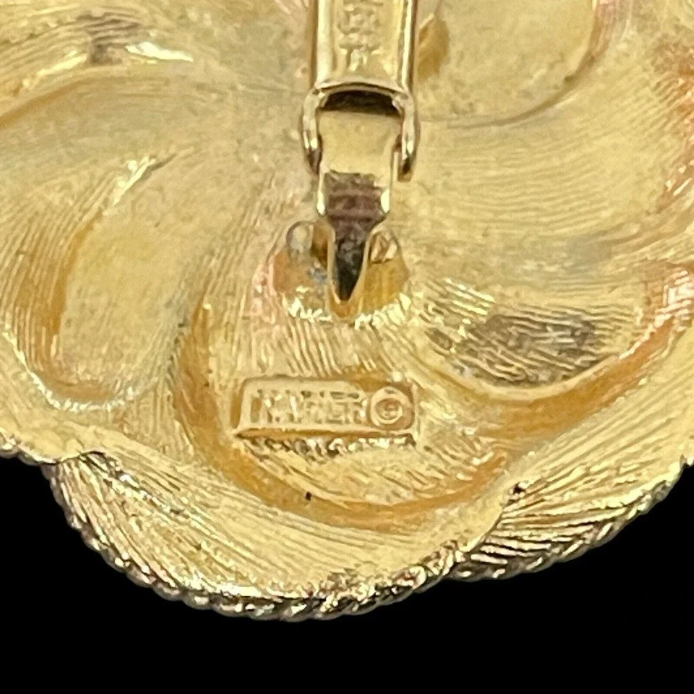 Vintage Rare NAPIER Gold Tone Swirl Button Disc Clip On Screw Back Earrings